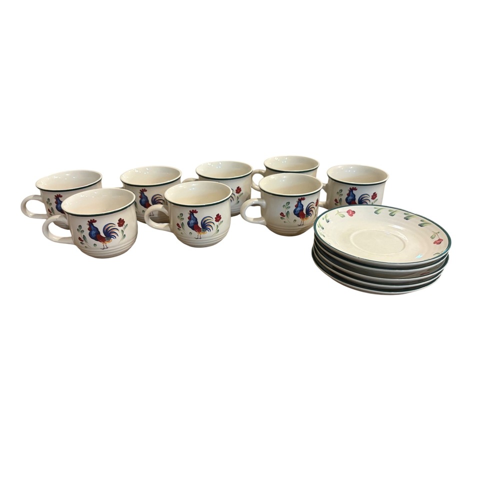 International Tableworks Rooster Stoneware Coffee Cups and Saucers Set of 13